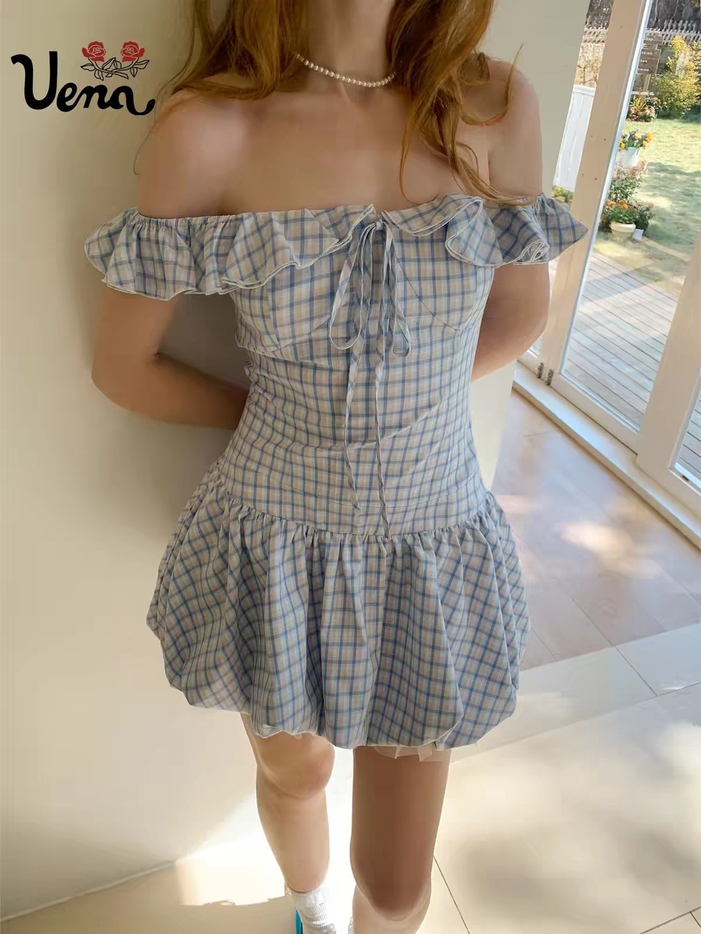 Blue Check Off-Shoulder Mini Dress
